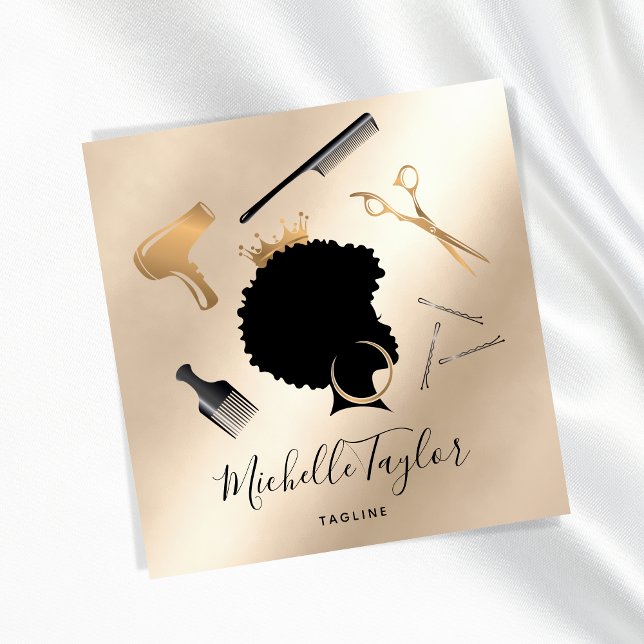 Cartão De Visita Quadrado Moderna Elegante Hairstylist Mulher Afro-Americana (Criador carregado)