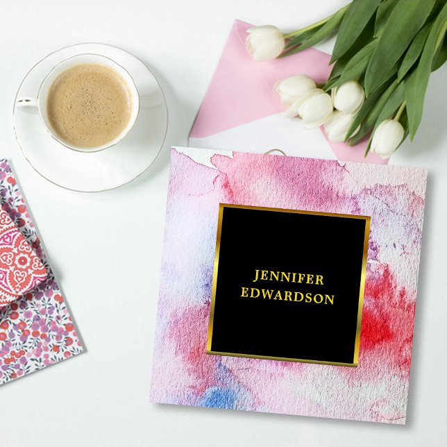 Cartão De Visita Quadrado Moderna impermeabilizante preto (Modern elegant watercolor splatter black gold frame professional square business card.)