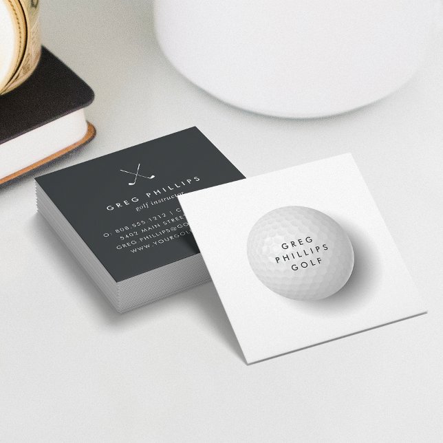 Cartão De Visita Quadrado Moderno Black & White Golf Pro ou Instrutor (Criador carregado)