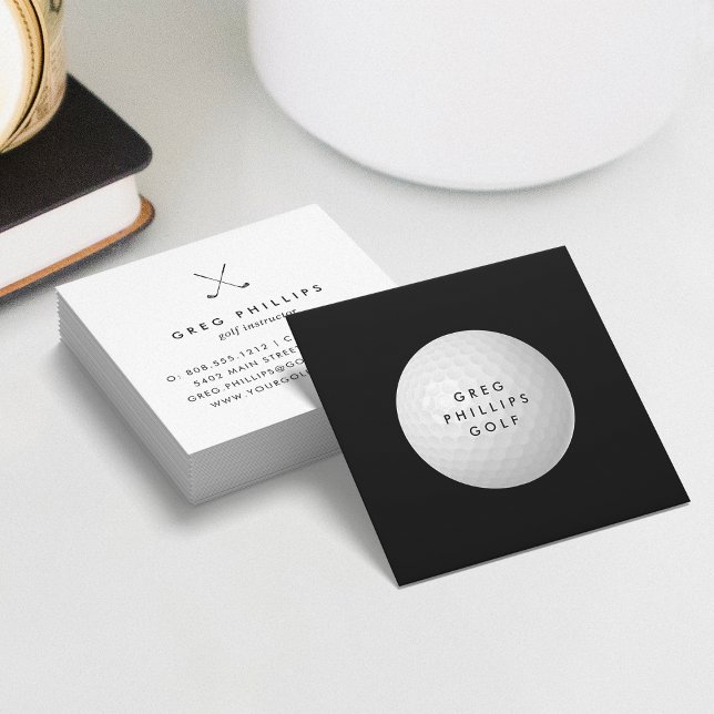 Cartão De Visita Quadrado Moderno Black & White Golf Pro ou Instrutor (Criador carregado)