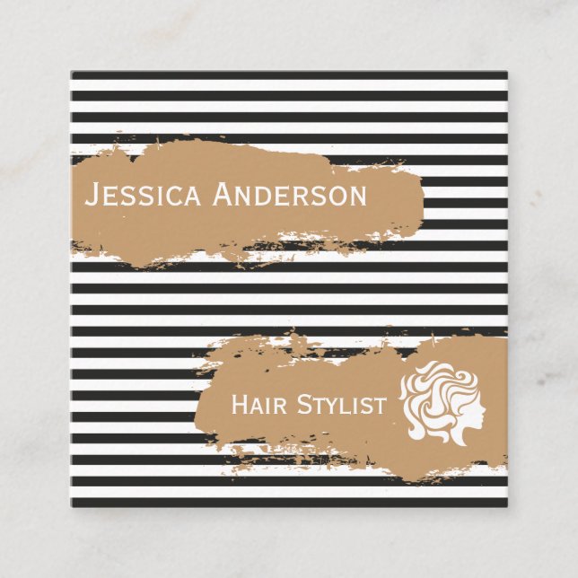 Cartão De Visita Quadrado Moderno branco preto Dourado do cabeleireiro (Frente)