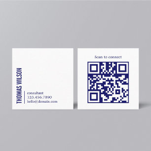 Cartão De Visita Quadrado Moderno código QR limpo e ousado em azul e branco