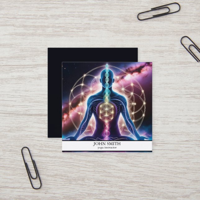 Cartão De Visita Quadrado Moderno Elegante Dourado Chakra Energy Yoga (Frente/Verso In Situ)