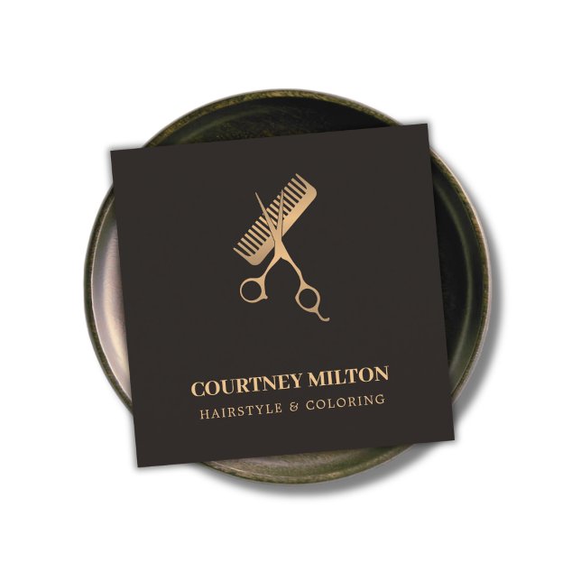 Cartão De Visita Quadrado Moderno Elegante Escuro Faux Dourado Tesoura Comb (Criador carregado)
