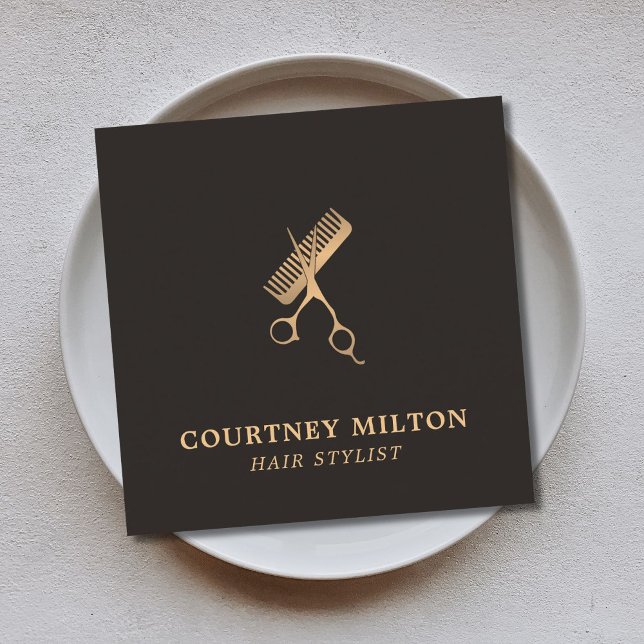 Cartão De Visita Quadrado Moderno Elegante Escuro Faux Dourado Tesoura Comb (Criador carregado)