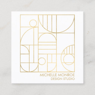 Cartão De Visita Quadrado Moderno Geométrico Deco Faux Dourado/White Designe
