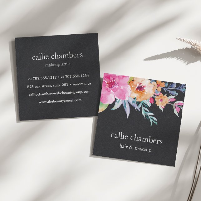 Cartão De Visita Quadrado Mola de Aquarela Pintada | Preto (Criador carregado)