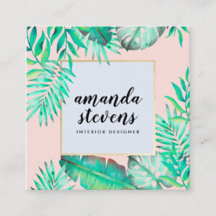 Cartão De Visita Quadrado Moldura de ouro quente cor-de-rosa cor-d-água trop