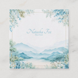 Cartão De Visita Quadrado Moldura Dourada Floral Ethereal Blue Mountain Sere