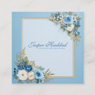 Cartão De Visita Quadrado Moldura Dourada Floral Rosa Azul Elegante Moderno