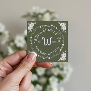 Cartão De Visita Quadrado Moldura Floral Aquarela Logotipo Monograma Feito à