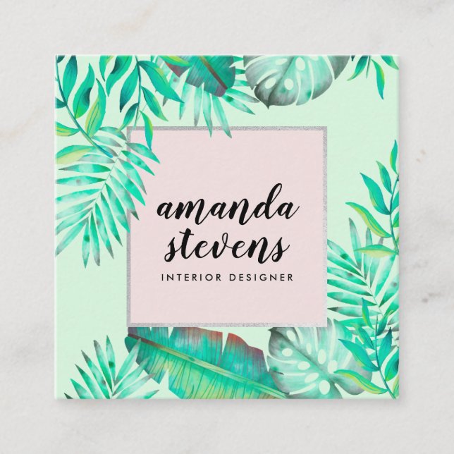 Cartão De Visita Quadrado Moldura prateada verde hortelã aquarela tropical (Frente)