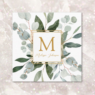 Cartão De Visita Quadrado Monograma Aquarela Folhas Verdes Tropicais Branco