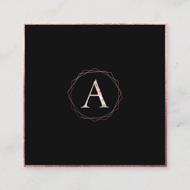 Cartão De Visita Quadrado MONOGRAMA BOTÂNICA PixDezines/ROSA FAUX DOURADO (Frente)