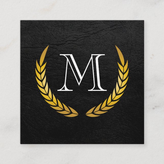 Cartão De Visita Quadrado Monograma com Elementos Luxos Couro Faux (Frente)