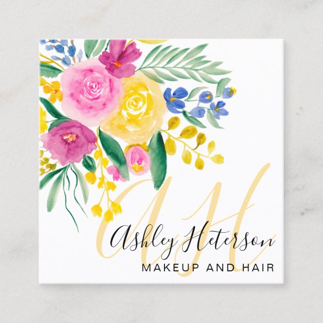 Cartão De Visita Quadrado Monograma cor-de-água floral rosa (Frente)