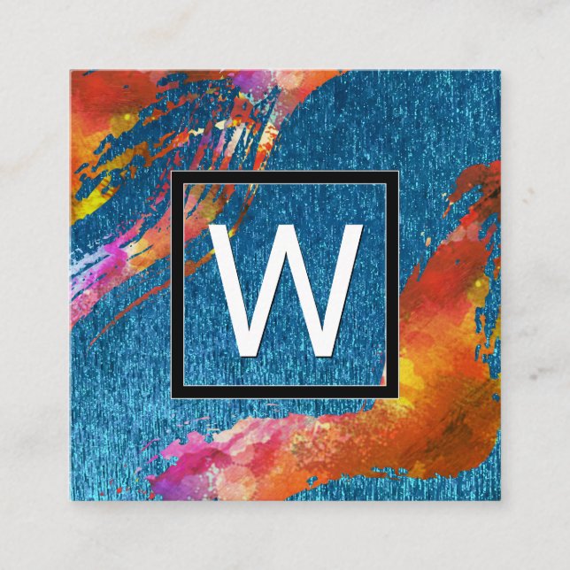 Cartão De Visita Quadrado Monograma Cores de Água Brutos | Textura Azul (Frente)