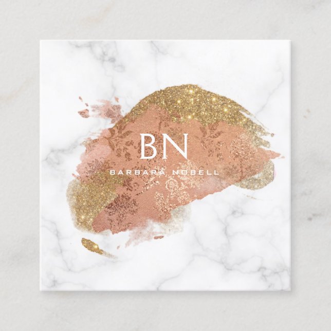 Cartão De Visita Quadrado Monograma de mármore branco do brilho Dourado Glam (Frente)