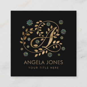Cartão De Visita Quadrado Monograma de Ouro de luxo com letra A