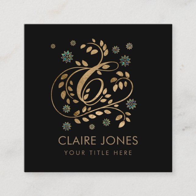 Cartão De Visita Quadrado Monograma de Ouro de luxo com letra C (Frente)