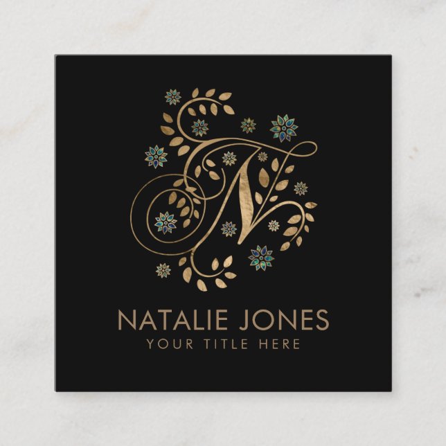 Cartão De Visita Quadrado Monograma de Ouro de luxo com letra N (Frente)