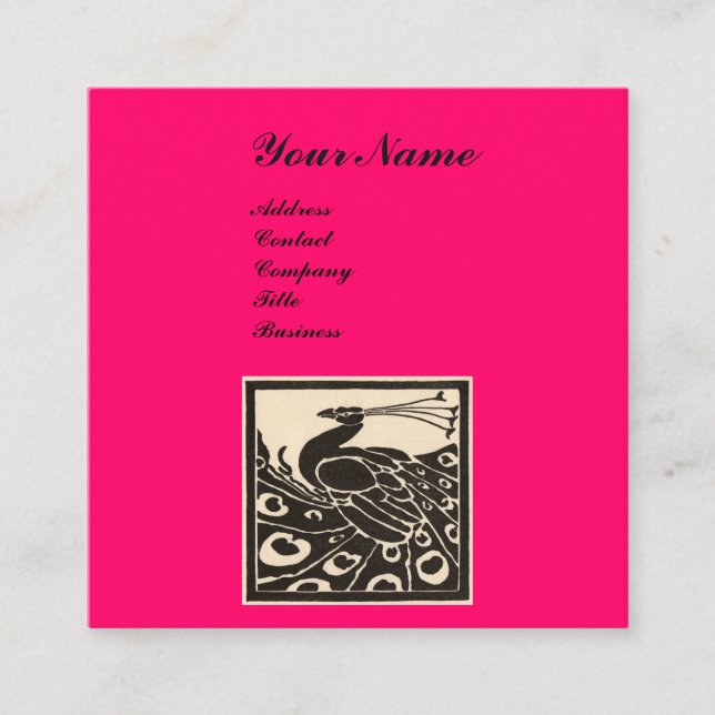 CARTÃO DE VISITA QUADRADO MONOGRAMA DE PAVÃO PRETO BRANCO ELEGANTE ROSA NEON (Frente)