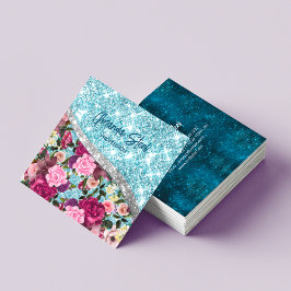 Cartão De Visita Quadrado Monograma de prata púrpura de água com brilho flor