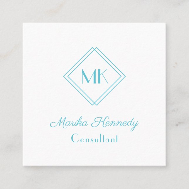 Cartão De Visita Quadrado Monograma de Script Azul do Oceano Elegante (Frente)