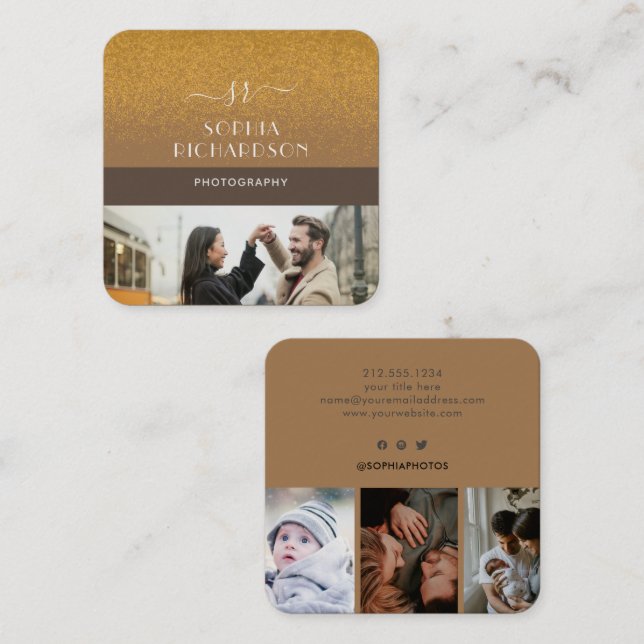Cartão De Visita Quadrado Monograma Dourado de Fotografias de Castanho Moder (Frente/Verso)