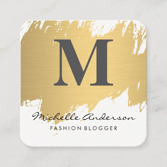 Cartão De Visita Quadrado Monograma Dourado Faux escovado | NA MODA (Frente)