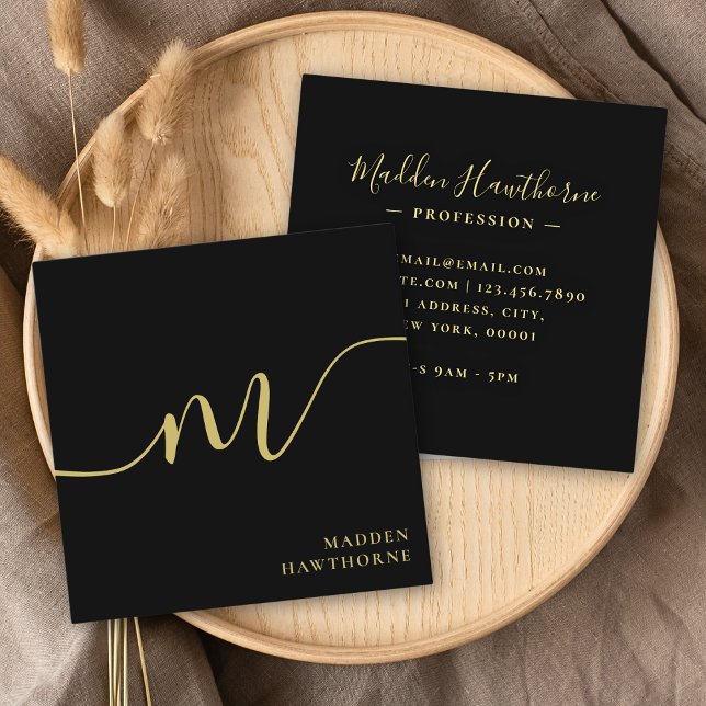Cartão De Visita Quadrado Monograma Dourado Preto de Script Moderno Profissi (Criador carregado)