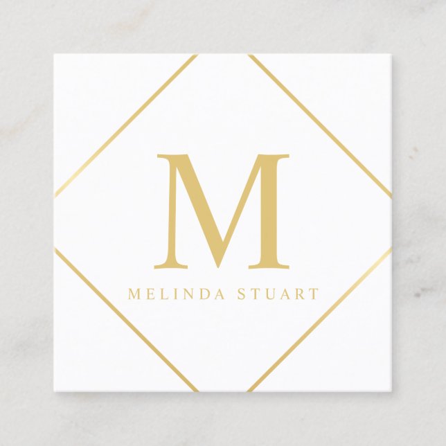 Cartão De Visita Quadrado Monograma elegante branco e Dourado (Frente)