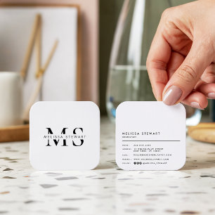 Cartão De Visita Quadrado Monograma elegante branco preto moderno arredondad