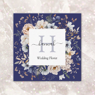 Cartão De Visita Quadrado Monograma Elegante Flores Florais Beige Azul Bonit