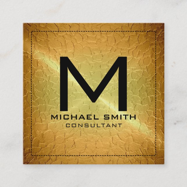 Cartão De Visita Quadrado Monograma Elegante Moderno Dourado Metal (Frente)