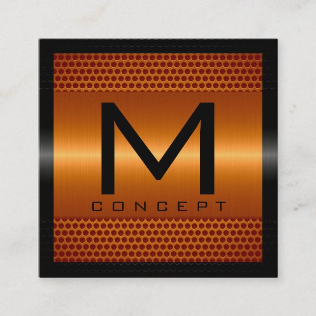 Cartão De Visita Quadrado Monograma Elegante Moderno Laranja Metálico (Frente)