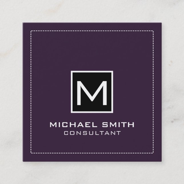 Cartão De Visita Quadrado Monograma Elegante Moderno Negro Roxo Escuro (Frente)