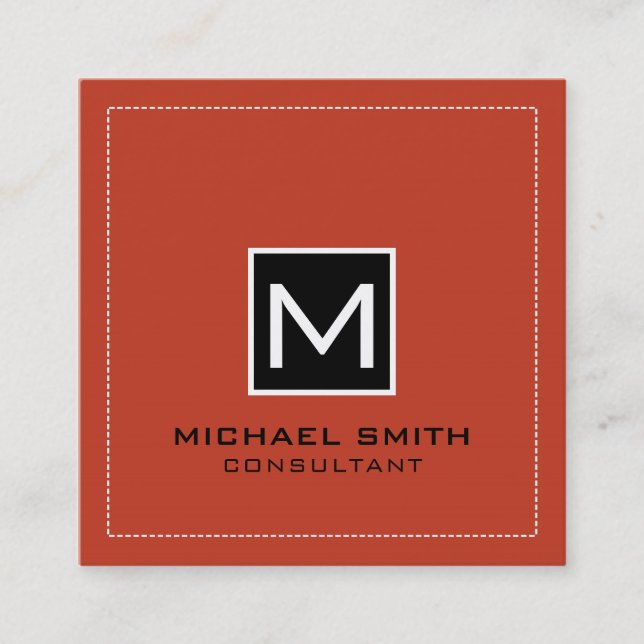 Cartão De Visita Quadrado Monograma Elegante Moderno Vermelho Pastel Preto (Frente)