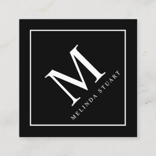 Cartão De Visita Quadrado Monograma Elegante Preto e Branco