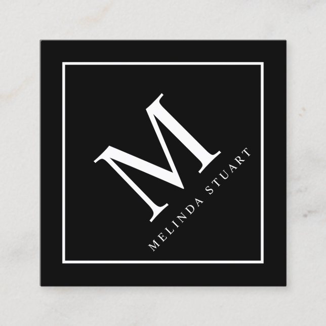 Cartão De Visita Quadrado Monograma Elegante Preto e Branco (Frente)