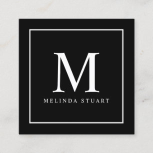 Cartão De Visita Quadrado Monograma Elegante Preto e Branco