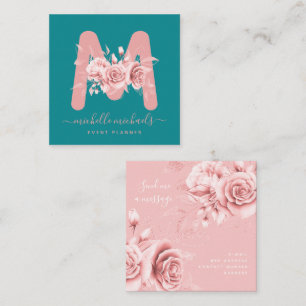 Cartão De Visita Quadrado Monograma Floral de Rosa Dourado Chic Teal