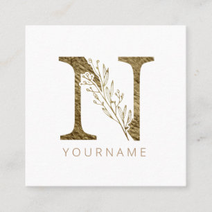 Cartão De Visita Quadrado Monograma Floral N Folhagem Dourada Elegante