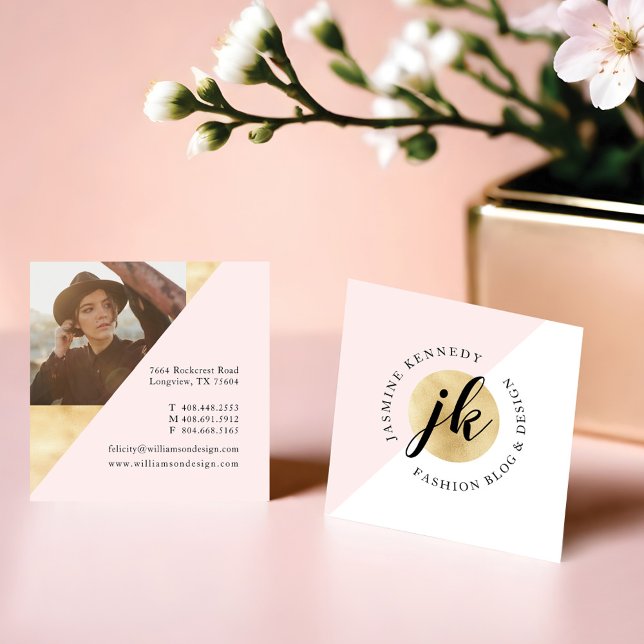 Cartão De Visita Quadrado Monograma Geométrico, Rosa E Dourado, Com Foto (Trendy Geometric Pink & Gold Monogram With Photo Square Business Card)