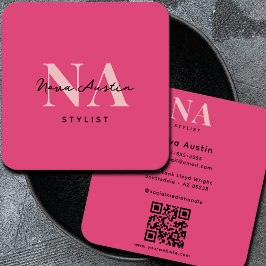Cartão De Visita Quadrado Monograma Luxo Estética Tendência Código QR Rosa