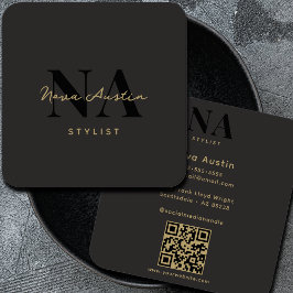 Cartão De Visita Quadrado Monograma Luxo Tendente Estética Dourado Preto Cód