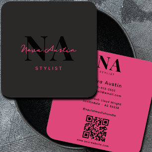 Cartão De Visita Quadrado Monograma Luxo Tendente Estética Rosa Quente Códig