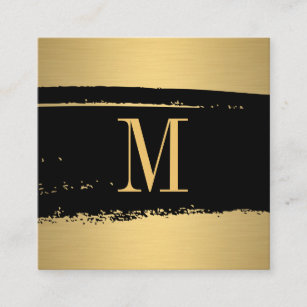 Cartão De Visita Quadrado Monograma minimalista moderno no preto/ouro