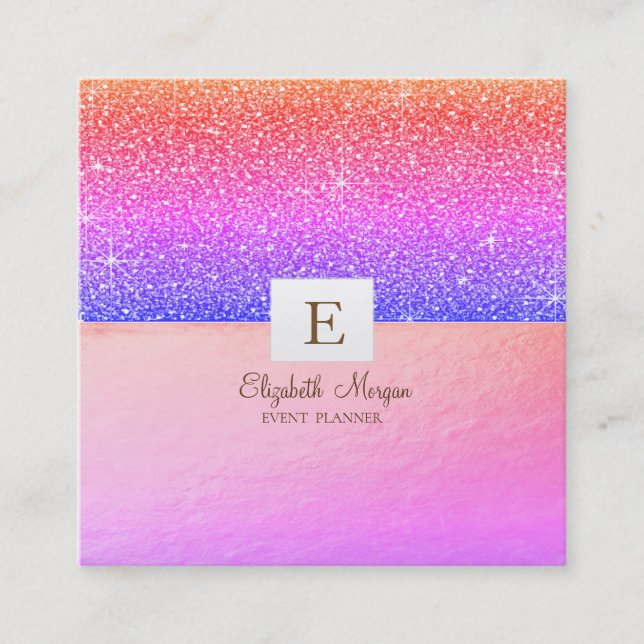 Cartão De Visita Quadrado Monograma Moderno Elegante Violet Ombre Glitter (Frente)
