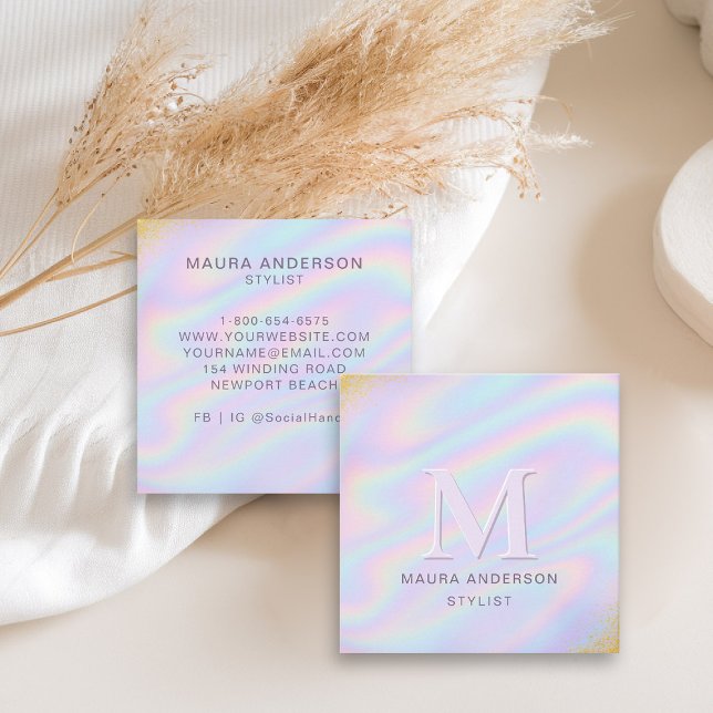 Cartão De Visita Quadrado Monograma Moderno Rosa Holográfico Elegante (holographic business card square pink teal monogram hairdresser stylist artist lash nails make up)